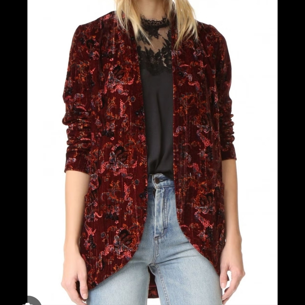 Free People Crinkle Velvet Jacket Blazer Maroon Burgundy Floral Sz Small